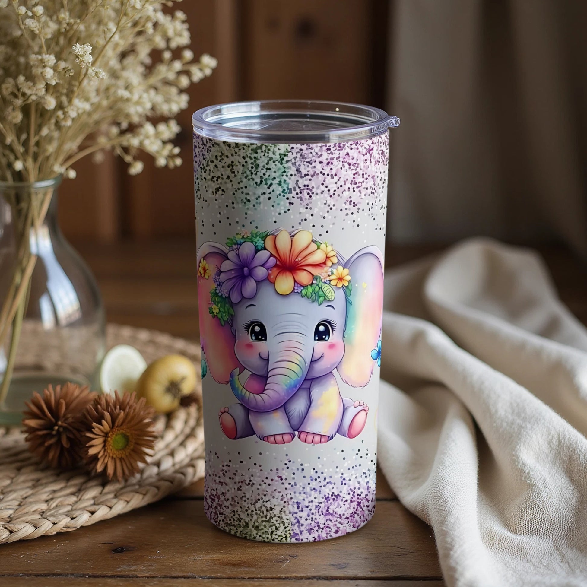 Cute Floral Adorned Baby Elephant Tumbler Cup