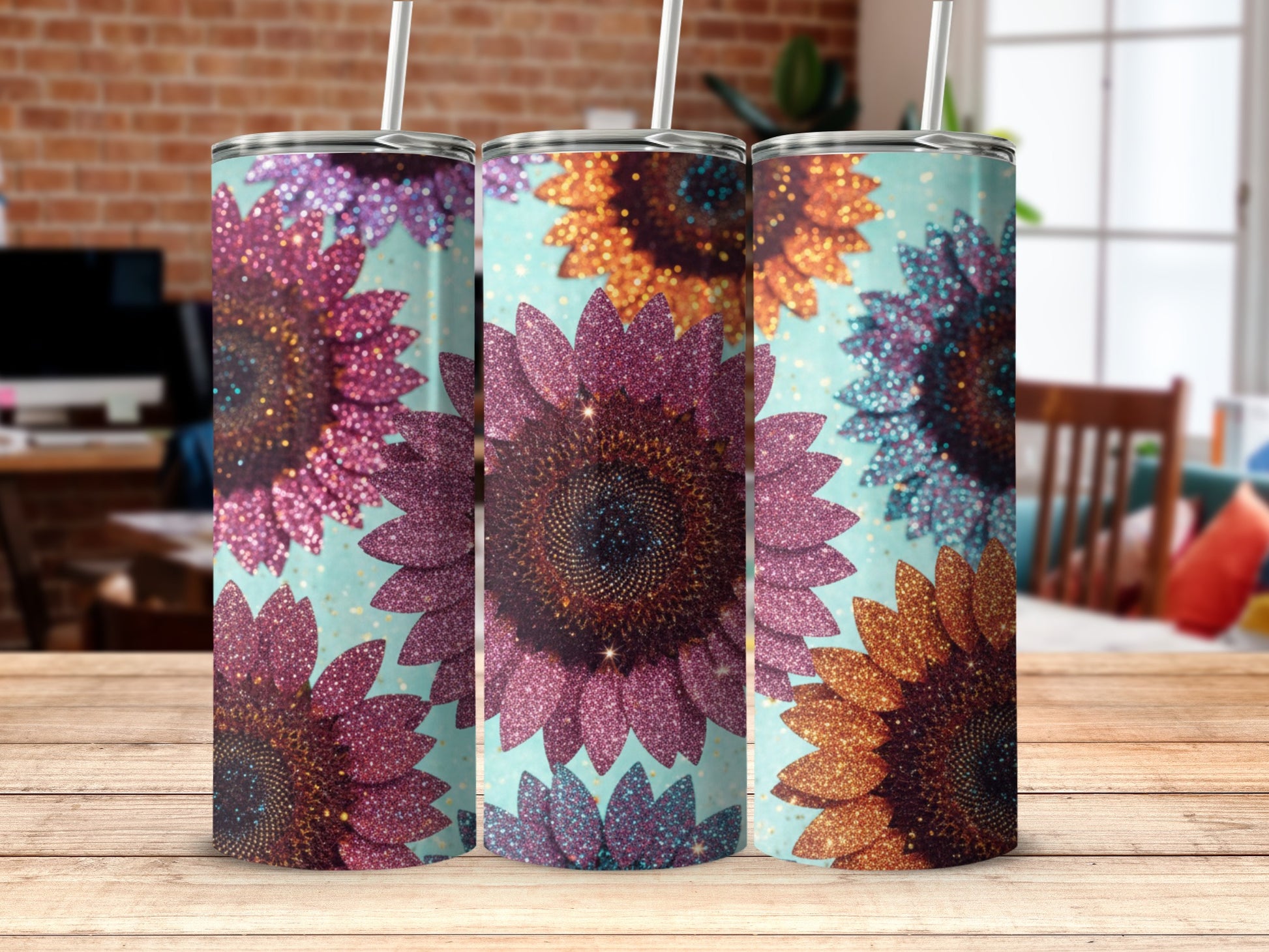 Glittery Sunflower Design Tumbler Set for Stylish Drinks