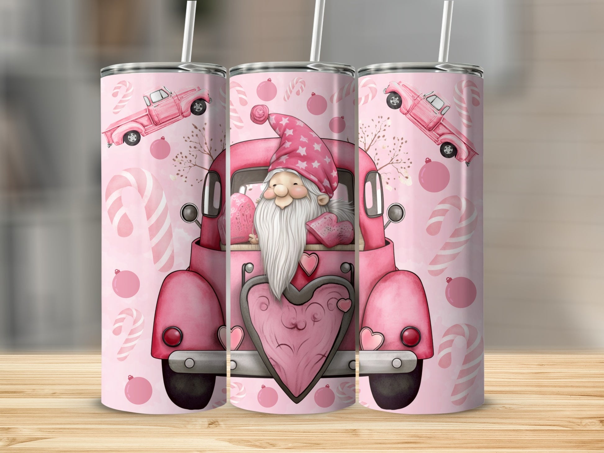 Pink Gnome Driving Car with Hearts and Candy Tumblers