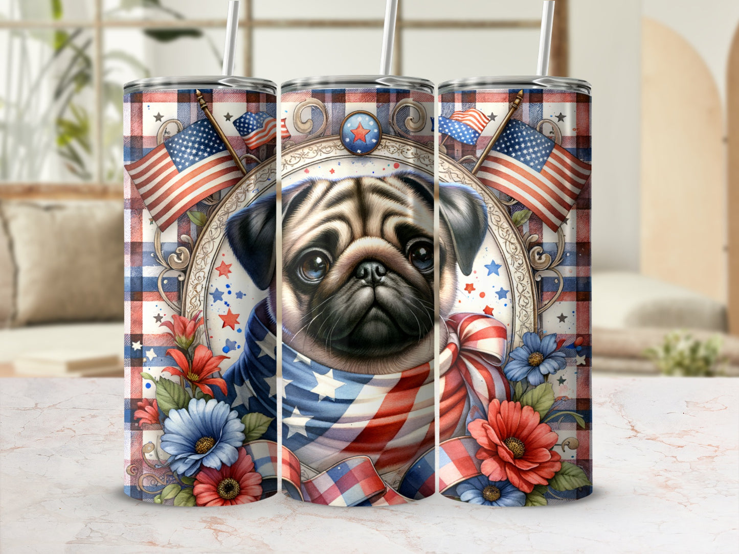 Pug wearing a patriotic scarf and bandana, surrounded by flowers and American flags.