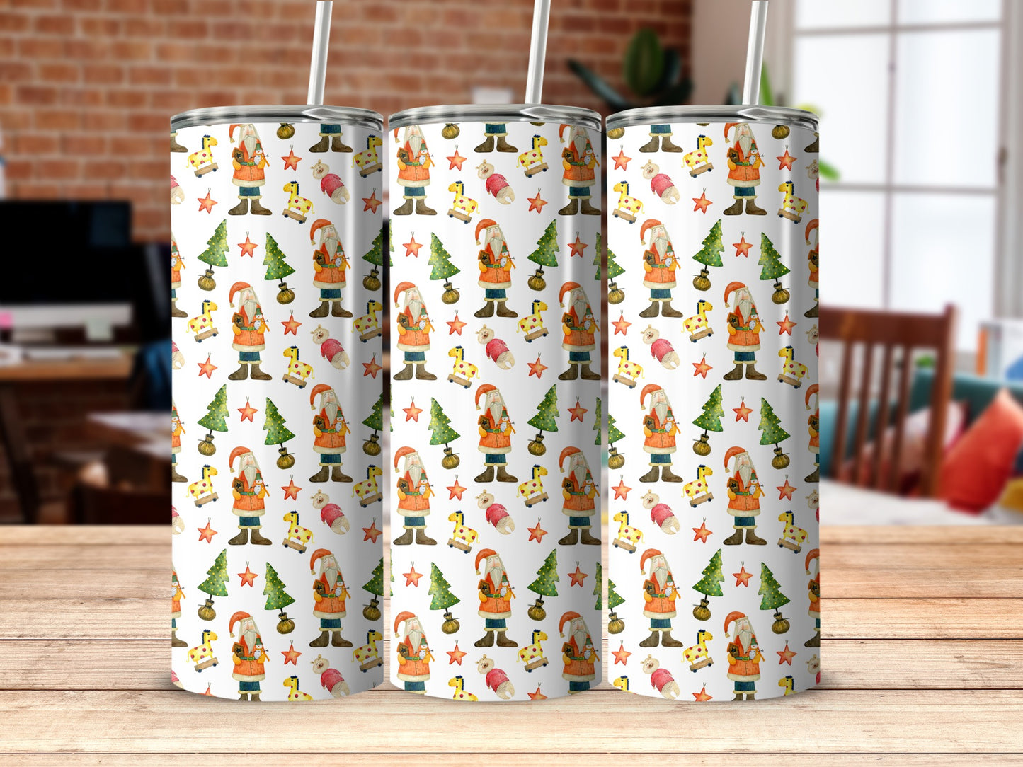Christmas pattern with Santa Claus, trees, and presents on white tumblers.