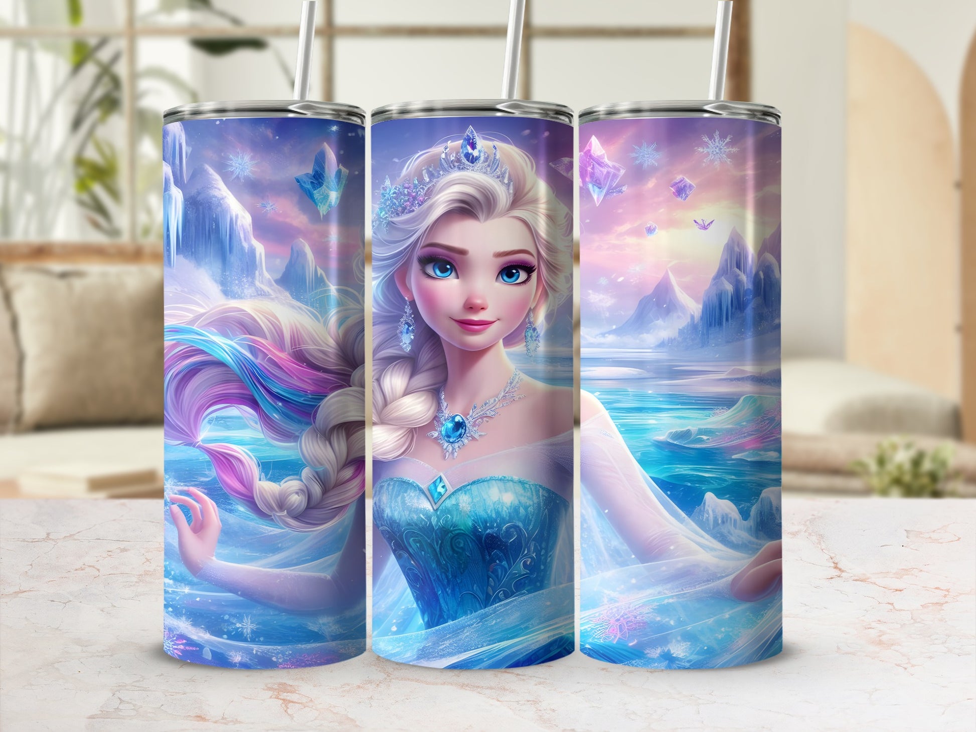Elsa from Frozen with icy castle background and snowflakes.
