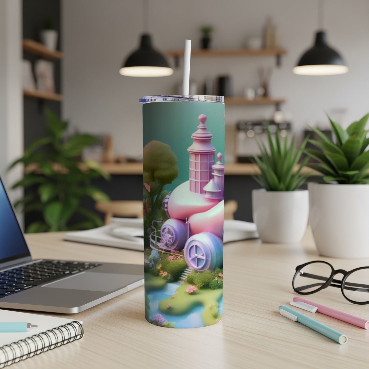 Fantasy cityscape with pink towers and whimsical buildings on a tumbler.