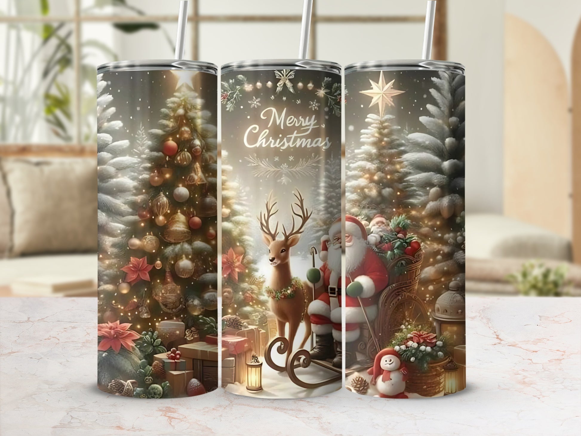 Festive Christmas Santa and Reindeer Design Tumbler