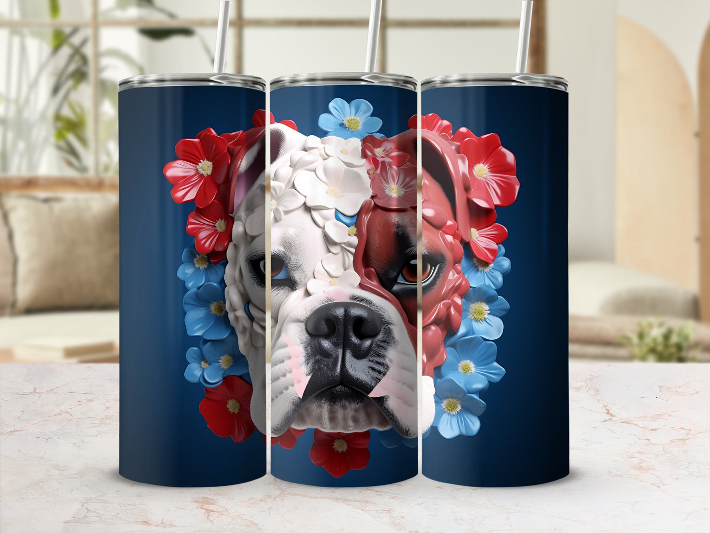 Bulldog face with patriotic red, white, and blue flowers.