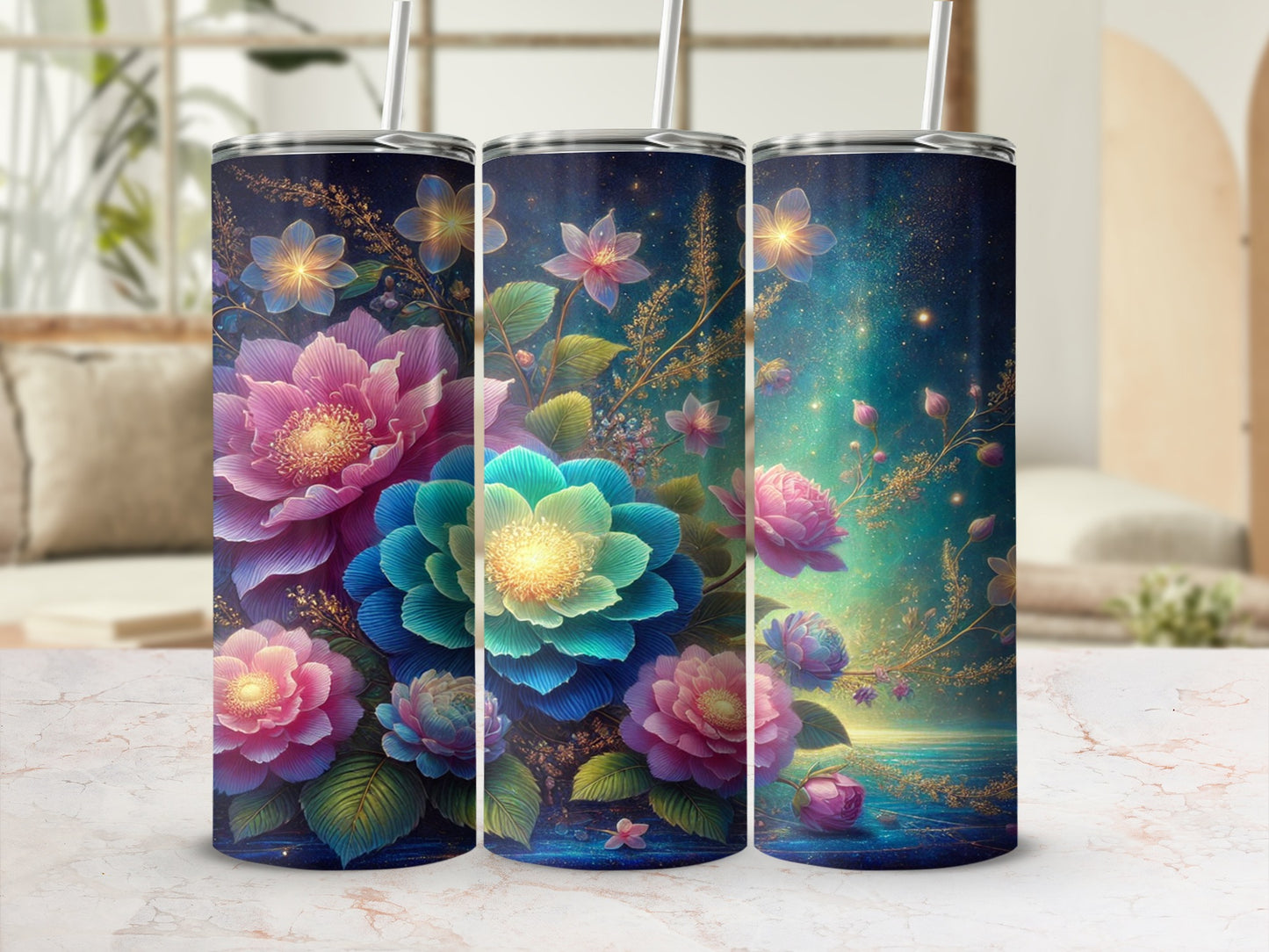 Elegant Floral Design Stainless Steel Tumbler Cup