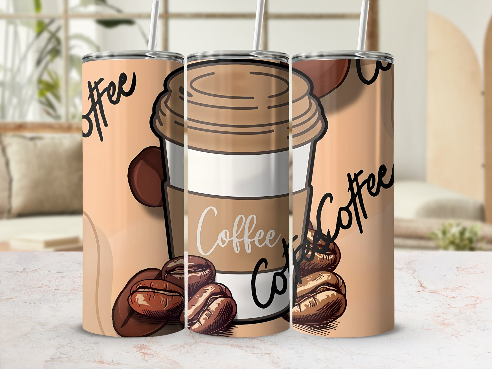 Coffee Cup and Beans Artwork Tumbler Coffee Tumbler
