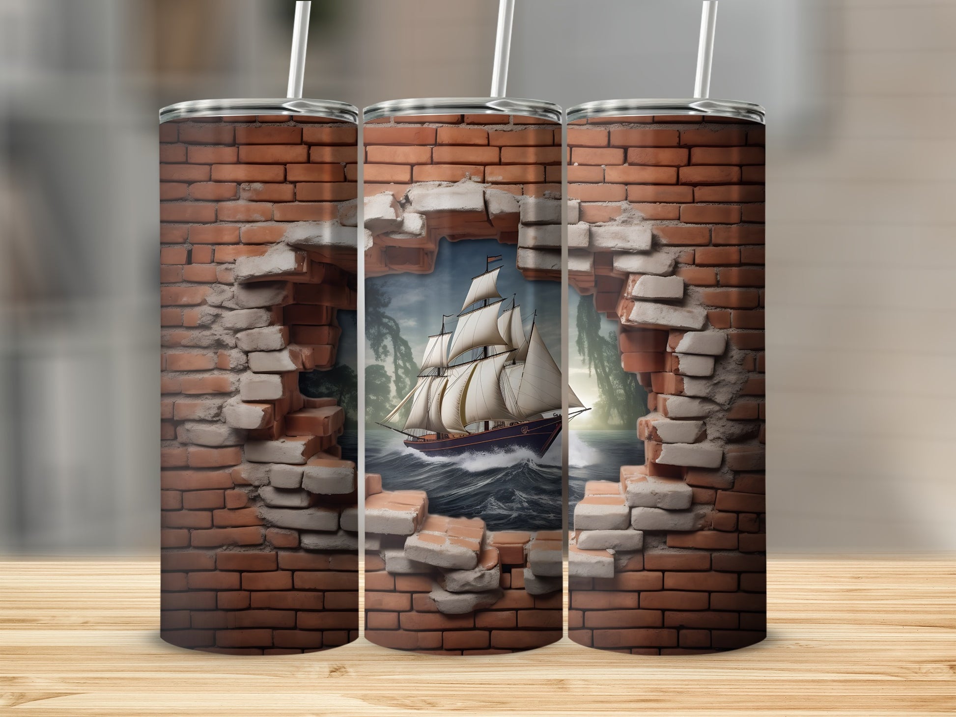 Vintage Ship Through Brick Wall Design Tumbler