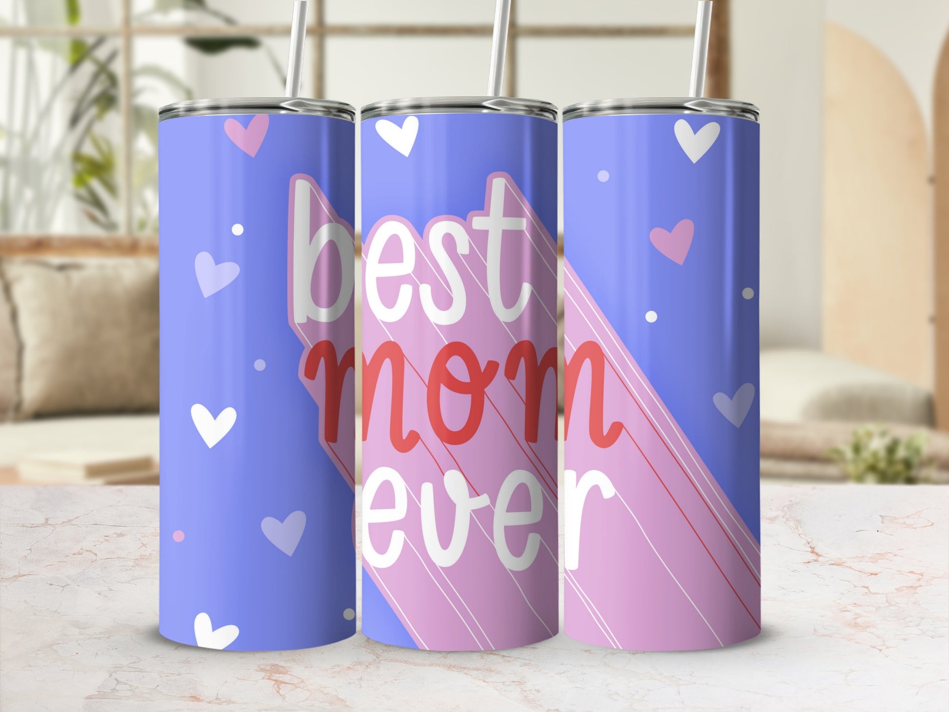 Best Mom Ever Blue and Pink Heart Design Tumbler