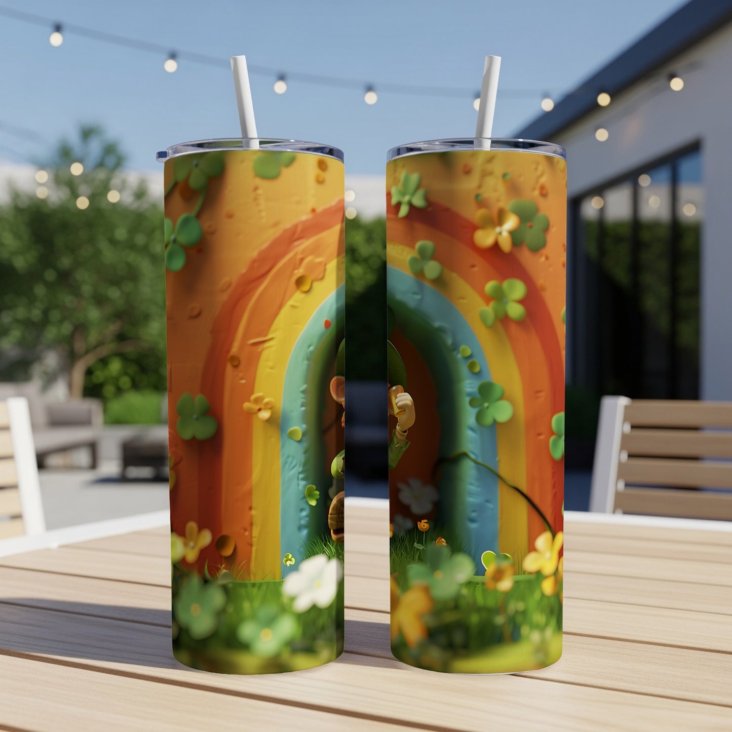 Two St. Patrick's Day themed tumblers with a rainbow, leprechaun, and shamrocks.