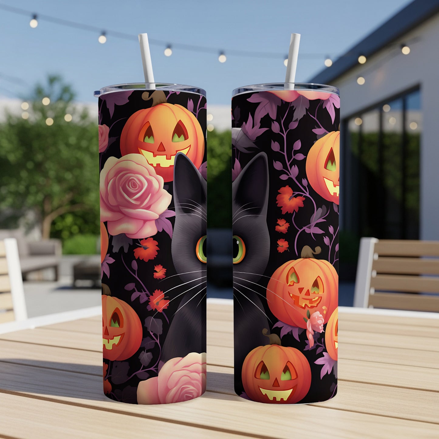 Black cat with Halloween pumpkin and rose pattern on two tumblers.