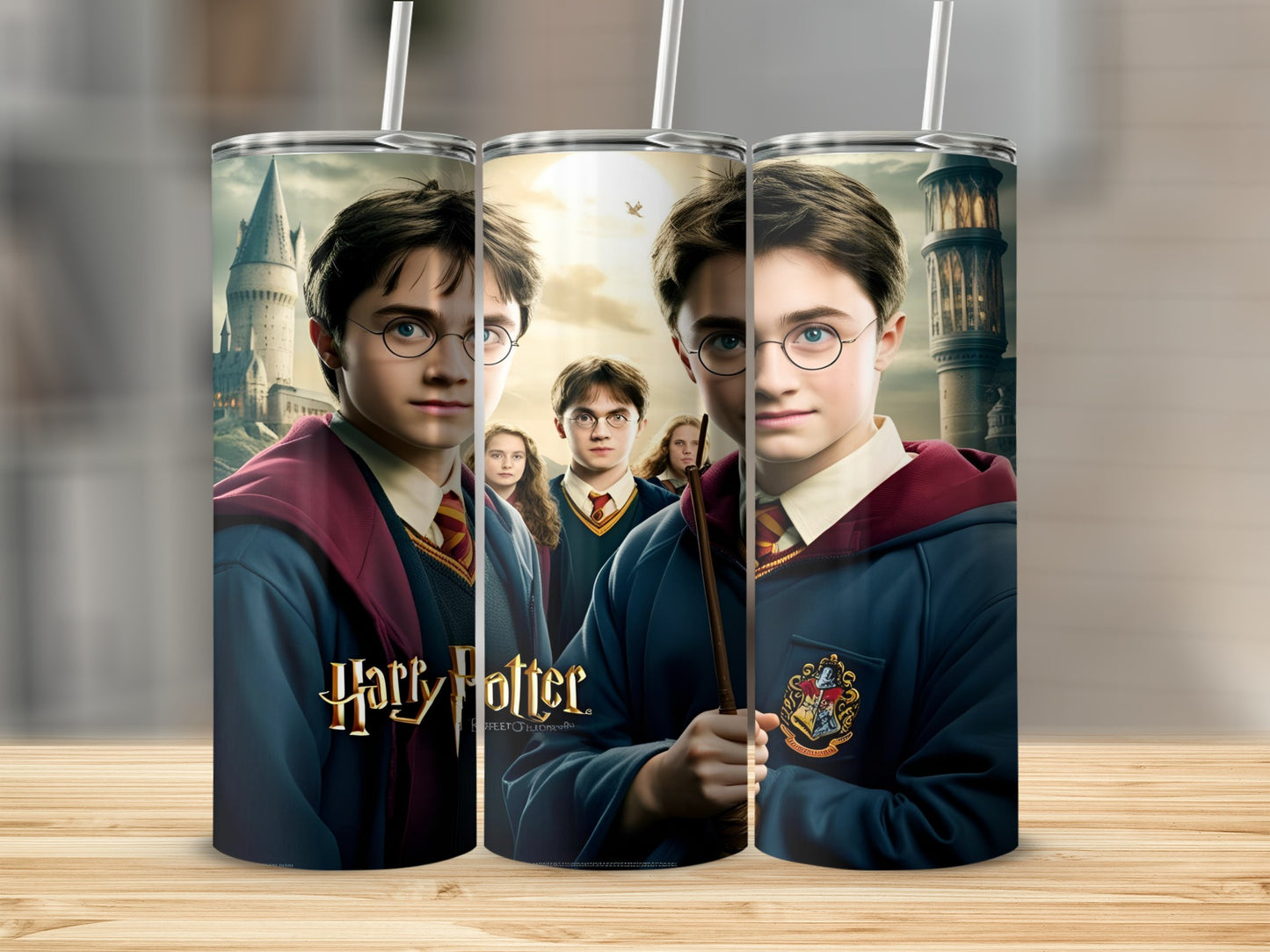 Harry Potter characters on a tumbler with Hogwarts castle background.