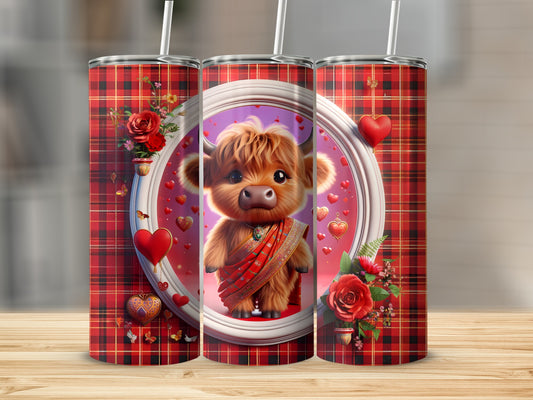 Tartan tumbler with a cute Highland cow in a red sari, surrounded by hearts.