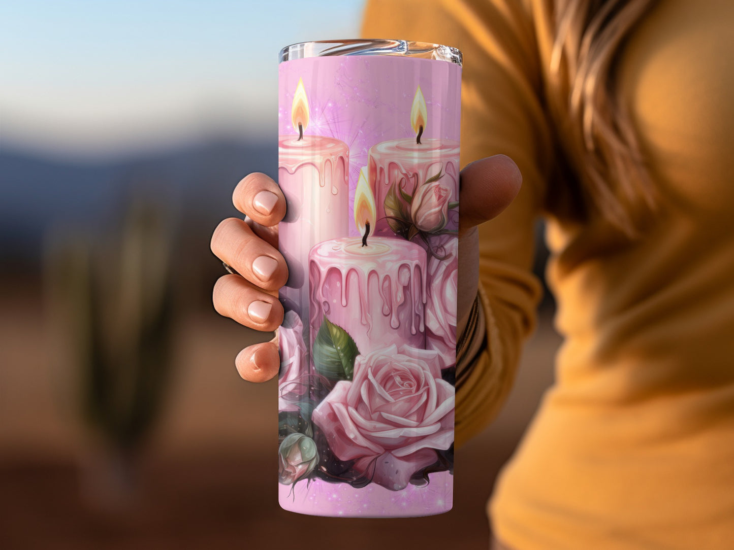 Pink Candle and Rose Art with Sparkle Design Tumbler