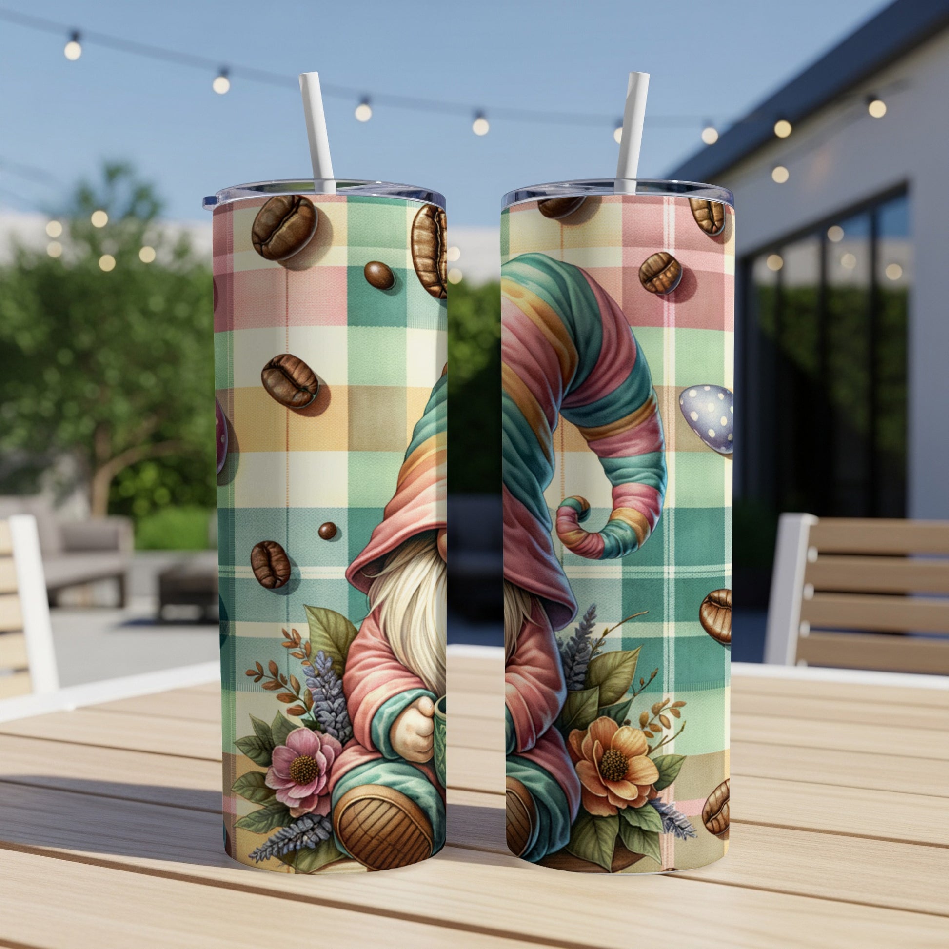 Gnome with coffee and pastel plaid pattern on a tumbler.
