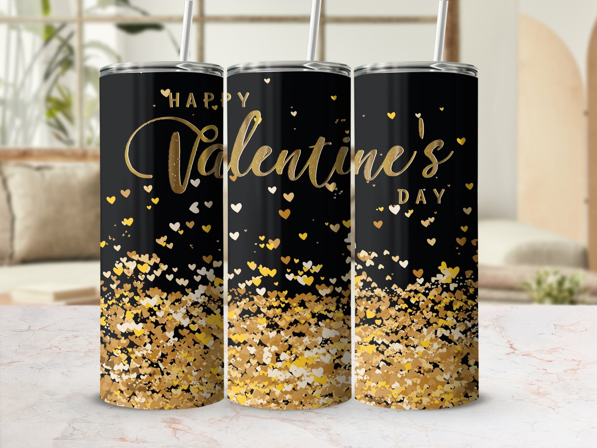 Happy Valentine's Day Black and Gold Tumblers