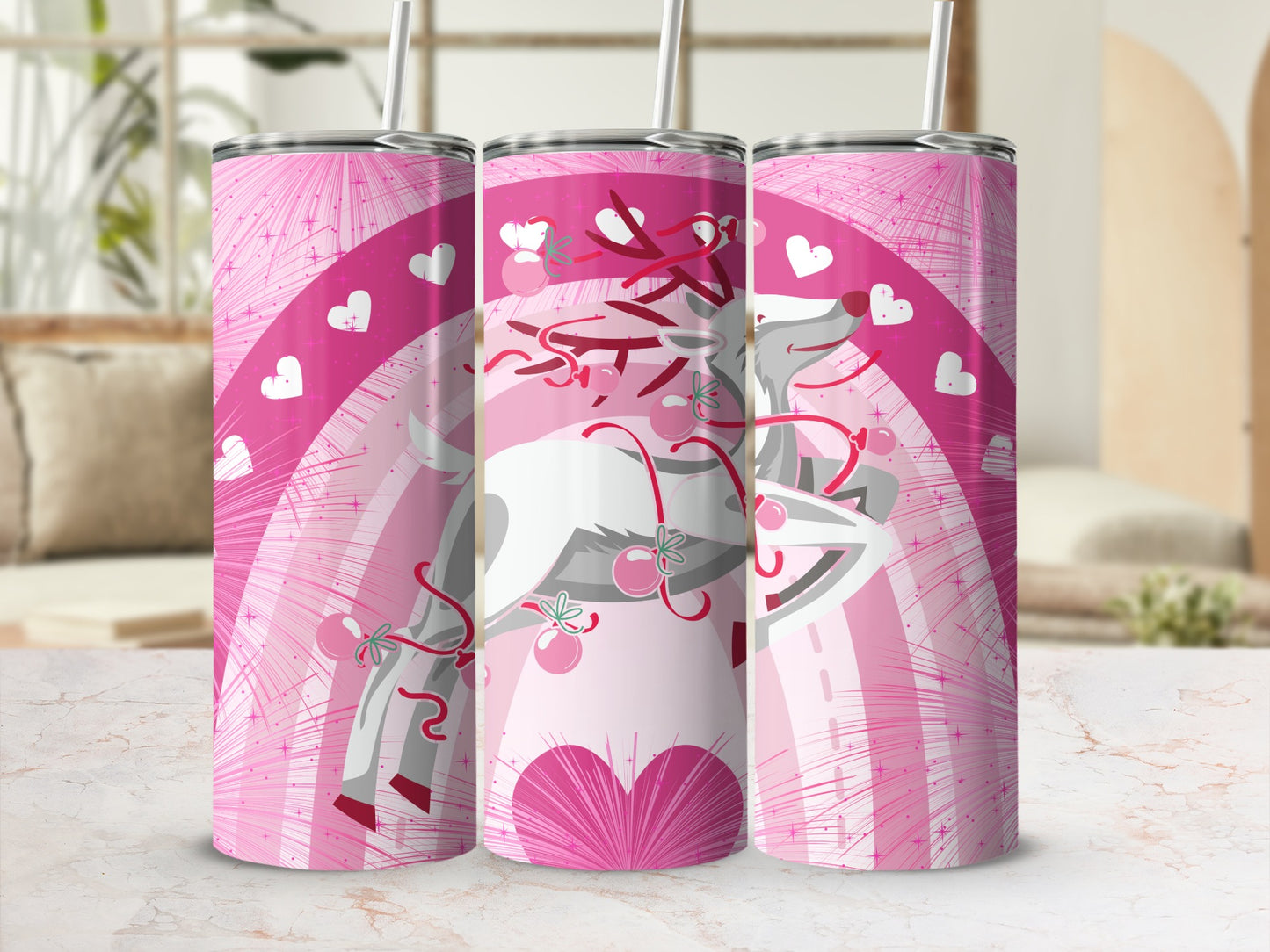 Pink Unicorn Hearts and Rainbows Tumbler Design