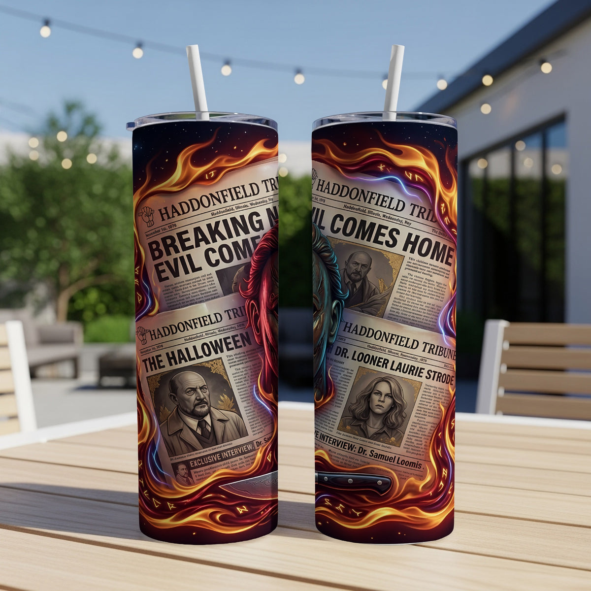 Tumblers featuring Haddonfield Tribune headlines and Halloween movie characters with fiery accents.