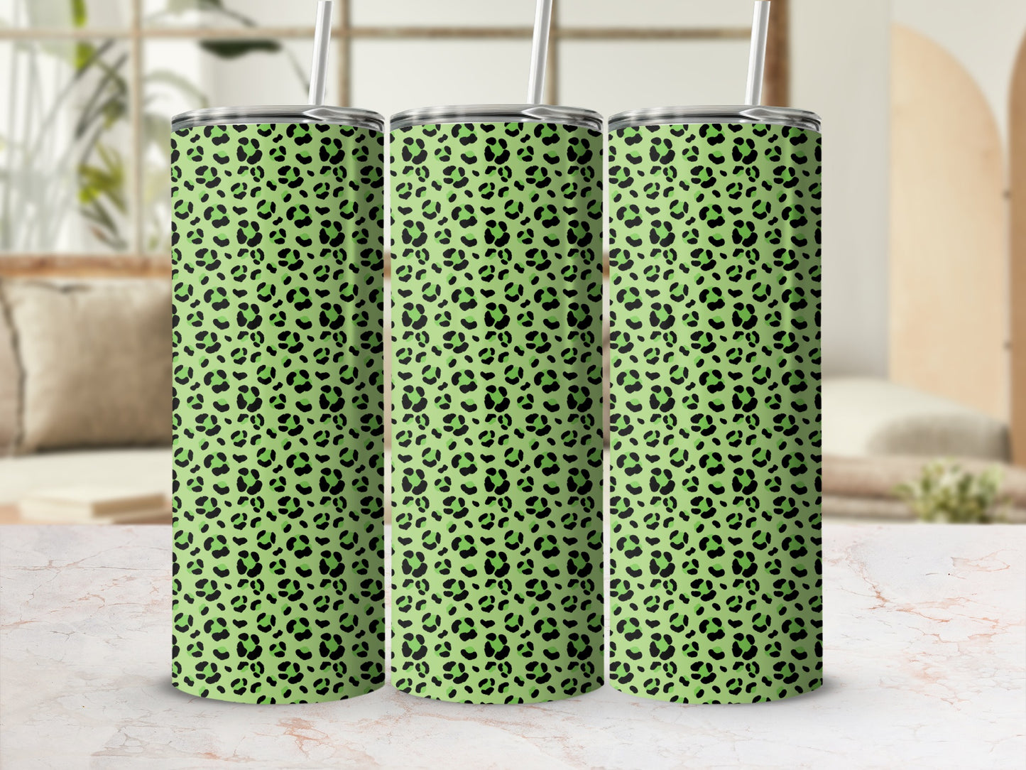 Green and Black Leopard Print Tumbler Cup
