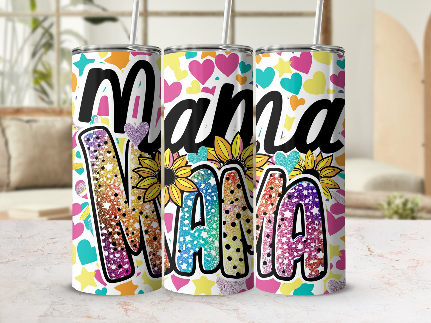Colorful Hearts and Flower Mama Tumbler Cups Set