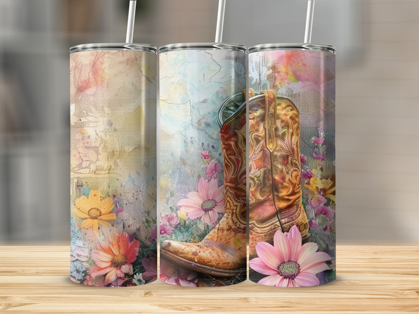 Cowboy boot with floral watercolor art on three tumblers.