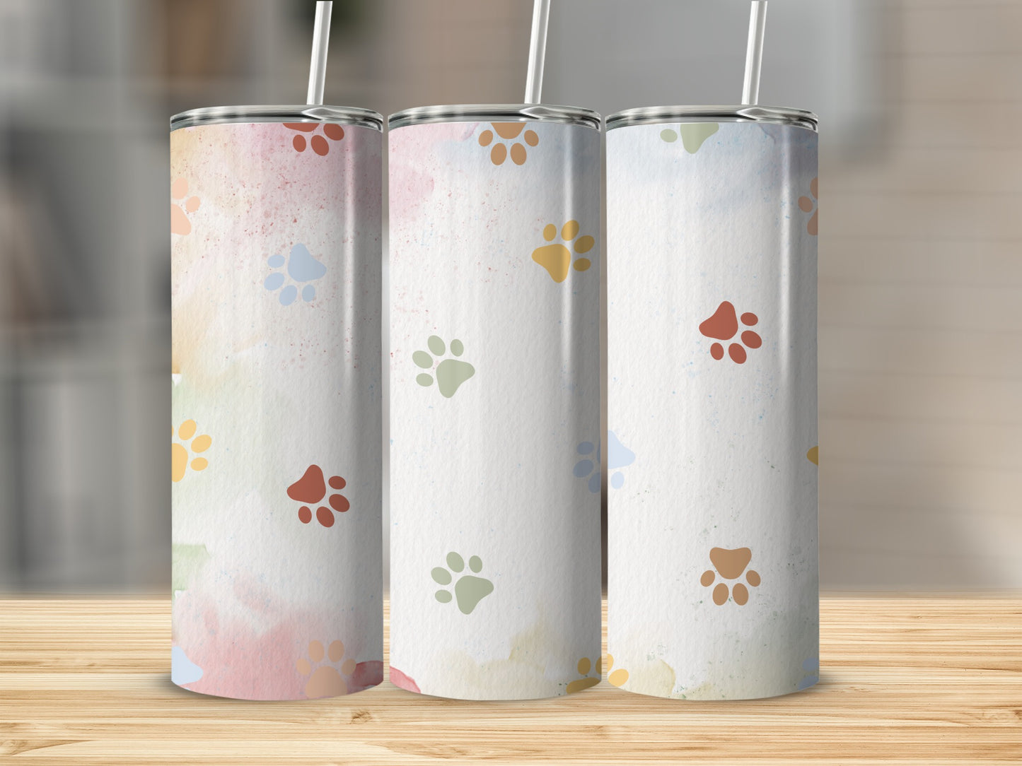 Colorful Paw Print Pattern Travel Tumbler Cup Set