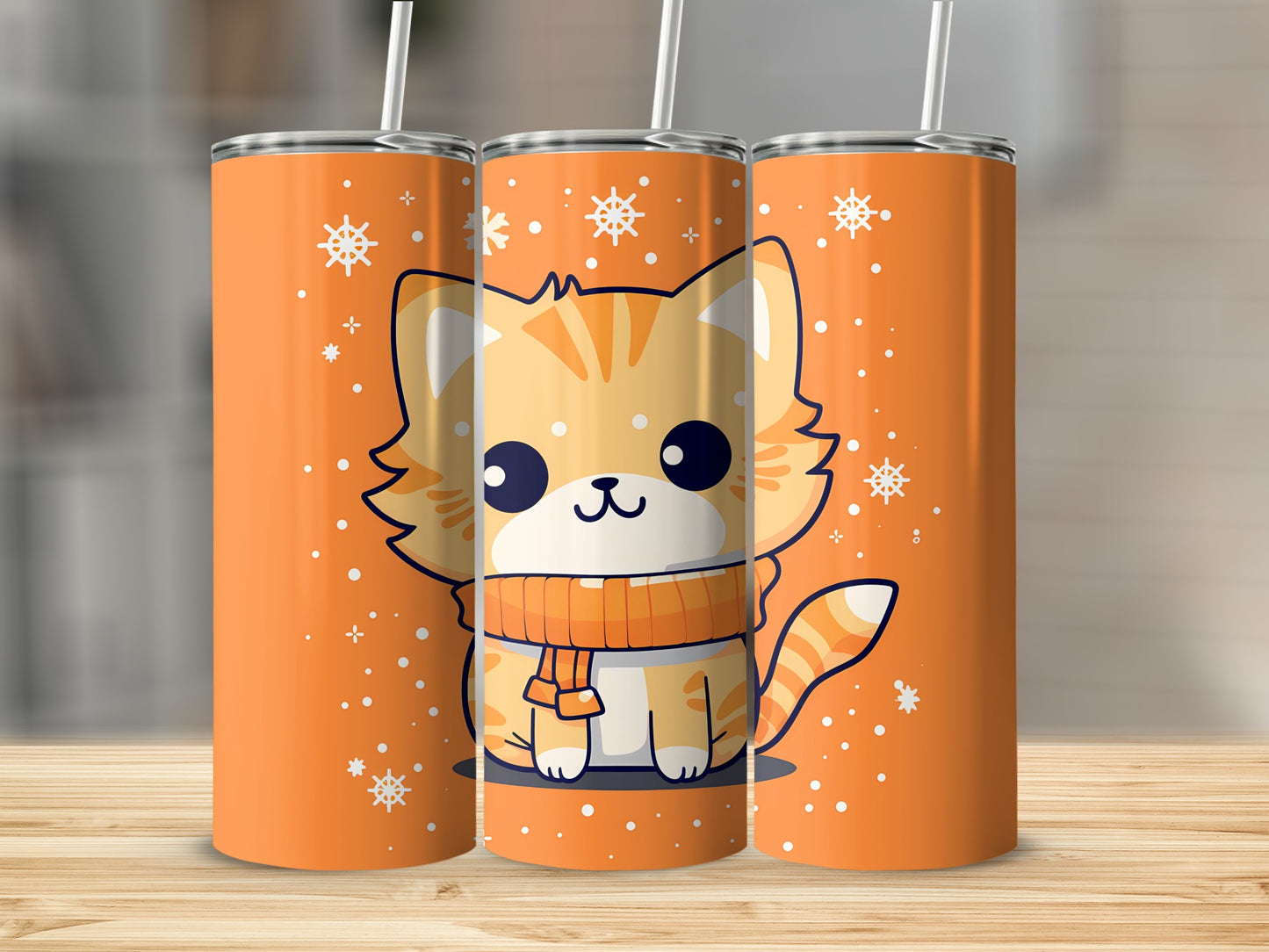 Three skinny tumblers with orange background and a cute cartoon cat wearing a scarf.