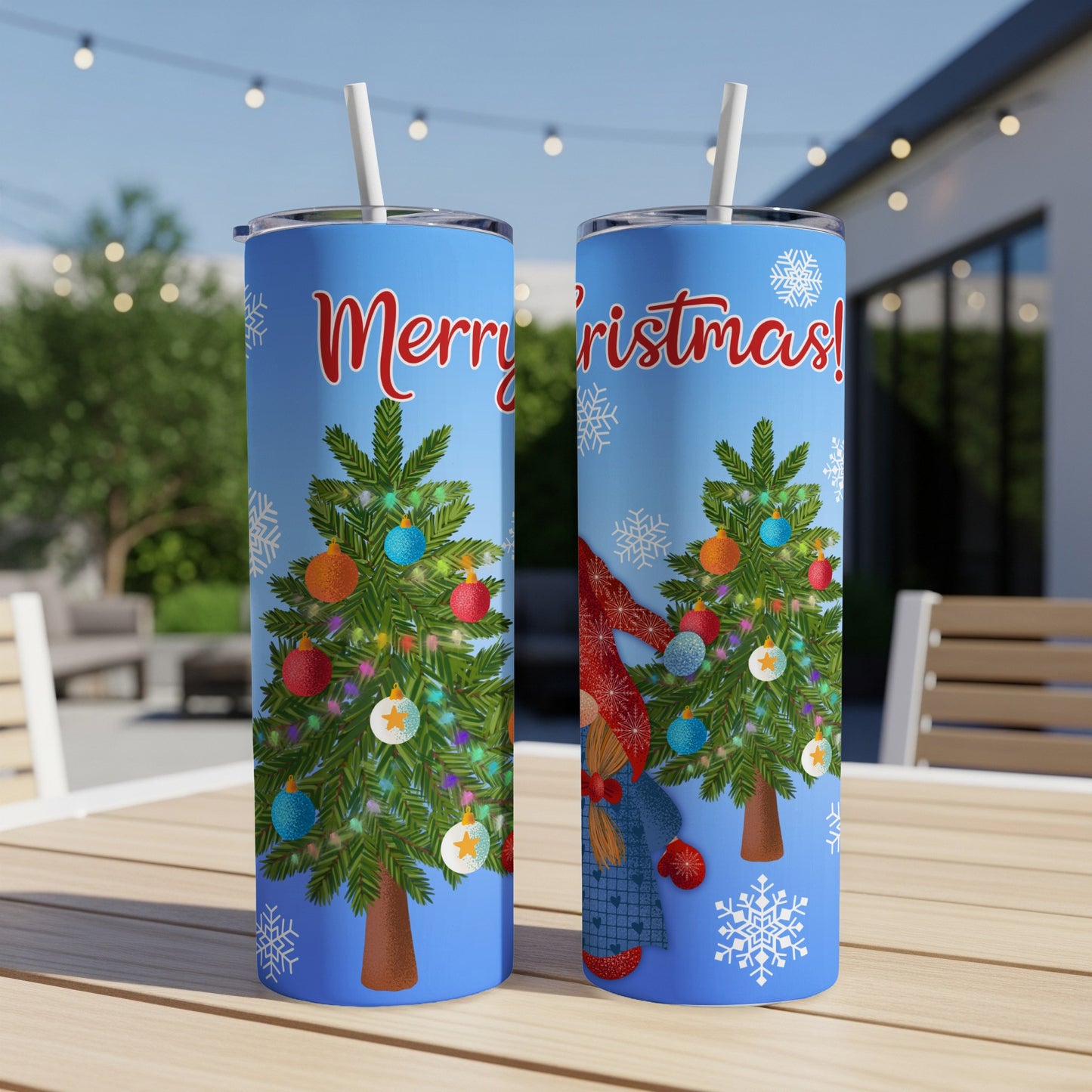Two tumblers with Christmas trees, snowflakes, and "Merry Christmas" text.