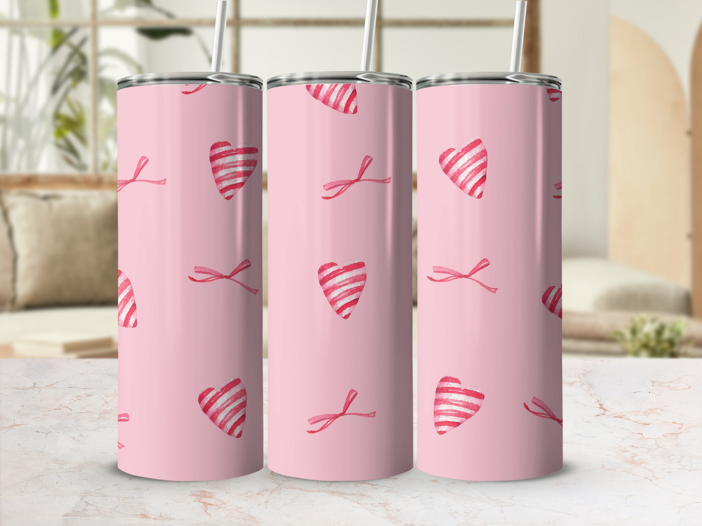 Pink Tumbler With Striped Hearts and Ribbons Design