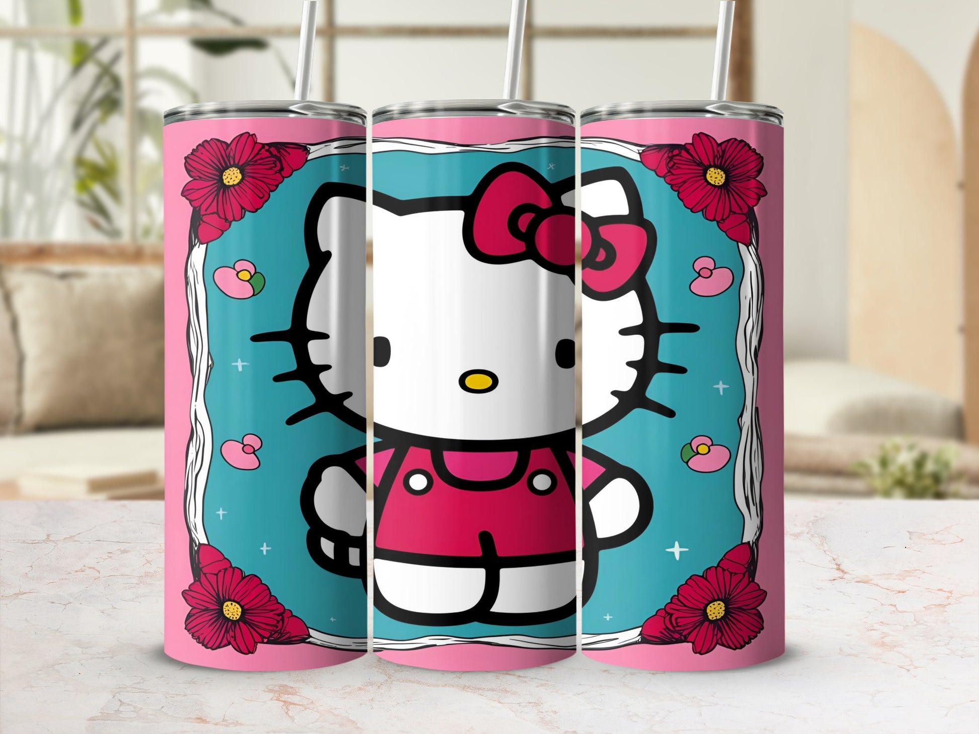 Pink tumbler with Hello Kitty character and floral border.