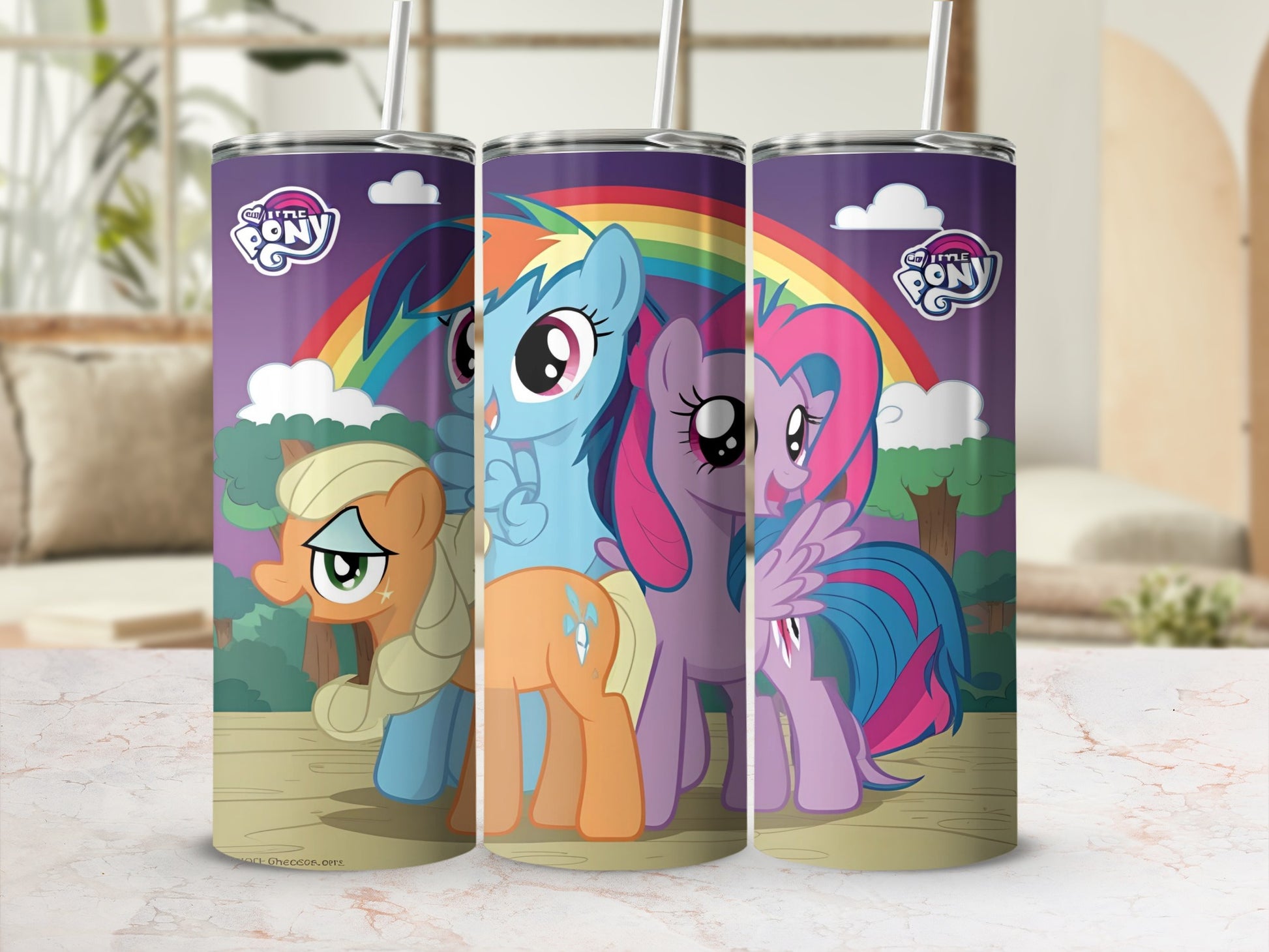 My Little Pony characters Rainbow Dash, Pinkie Pie, and Applejack on colorful tumblers.