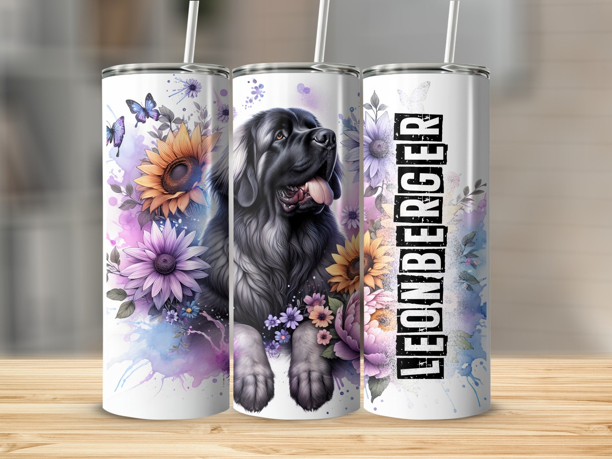 Newfoundland dog with flowers and butterflies, "Leonberger" text.