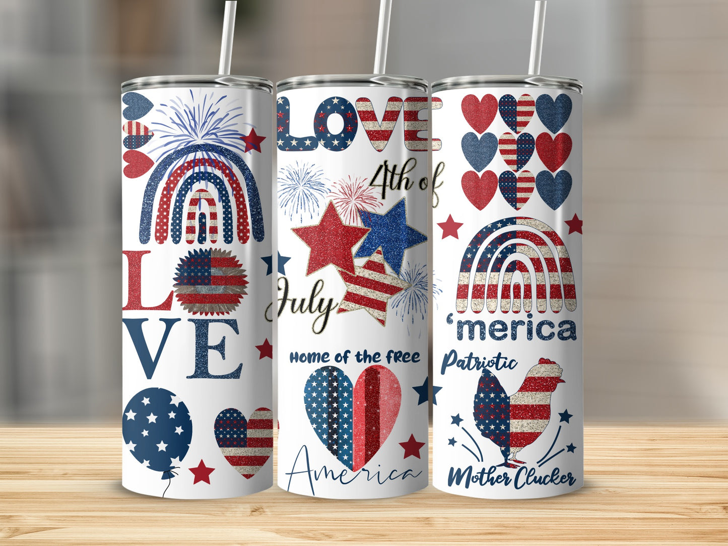 Patriotic tumblers with "Love America" and "4th of July" themes.