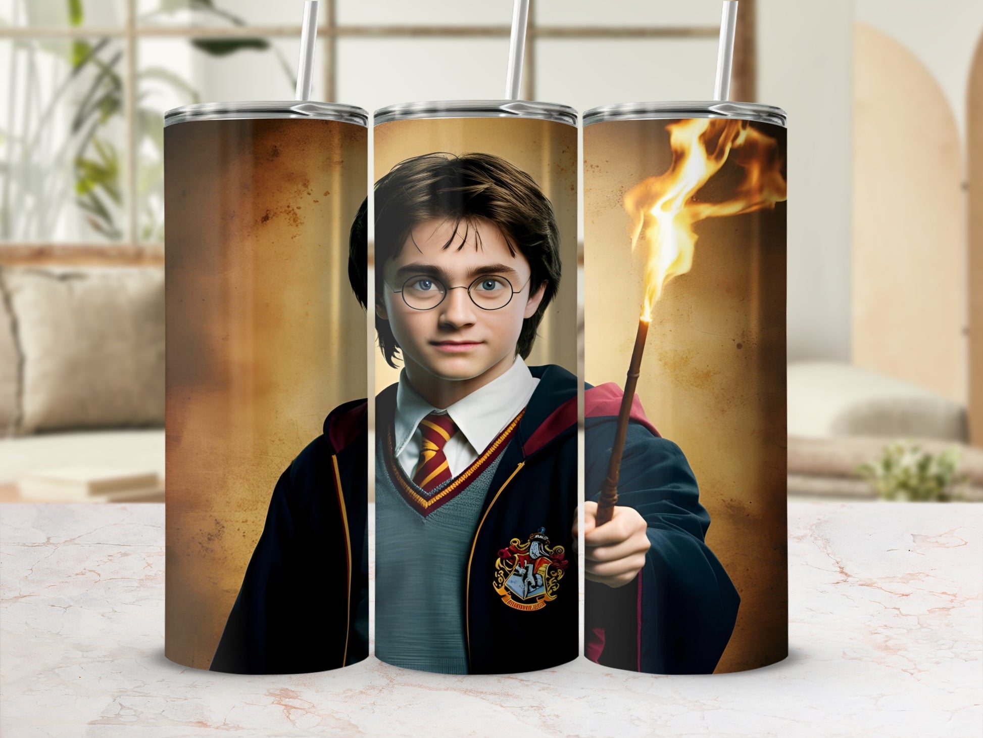 Harry Potter holding a flaming wand, wearing Hogwarts robes.