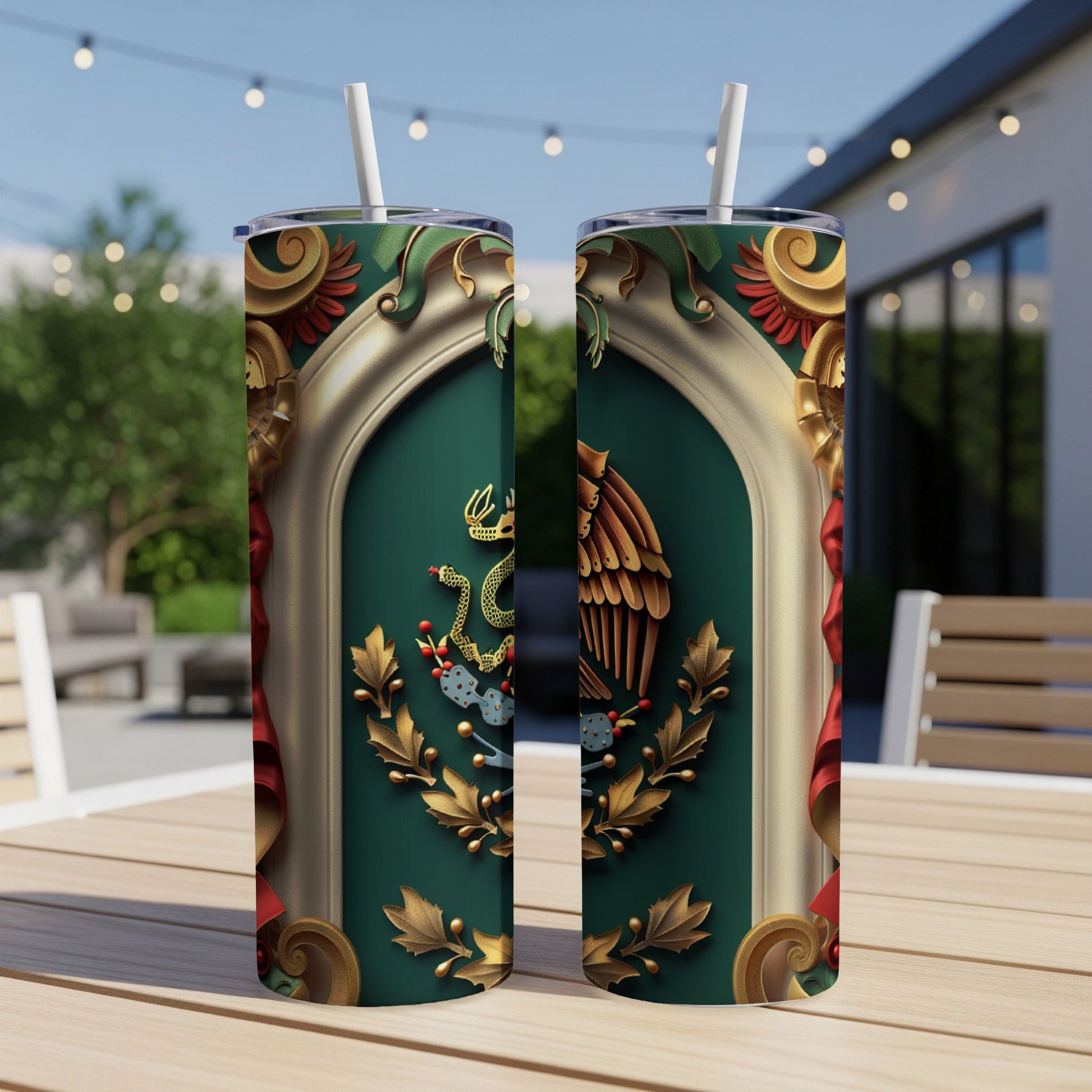 Two tumblers featuring the Mexican flag emblem on a table.
