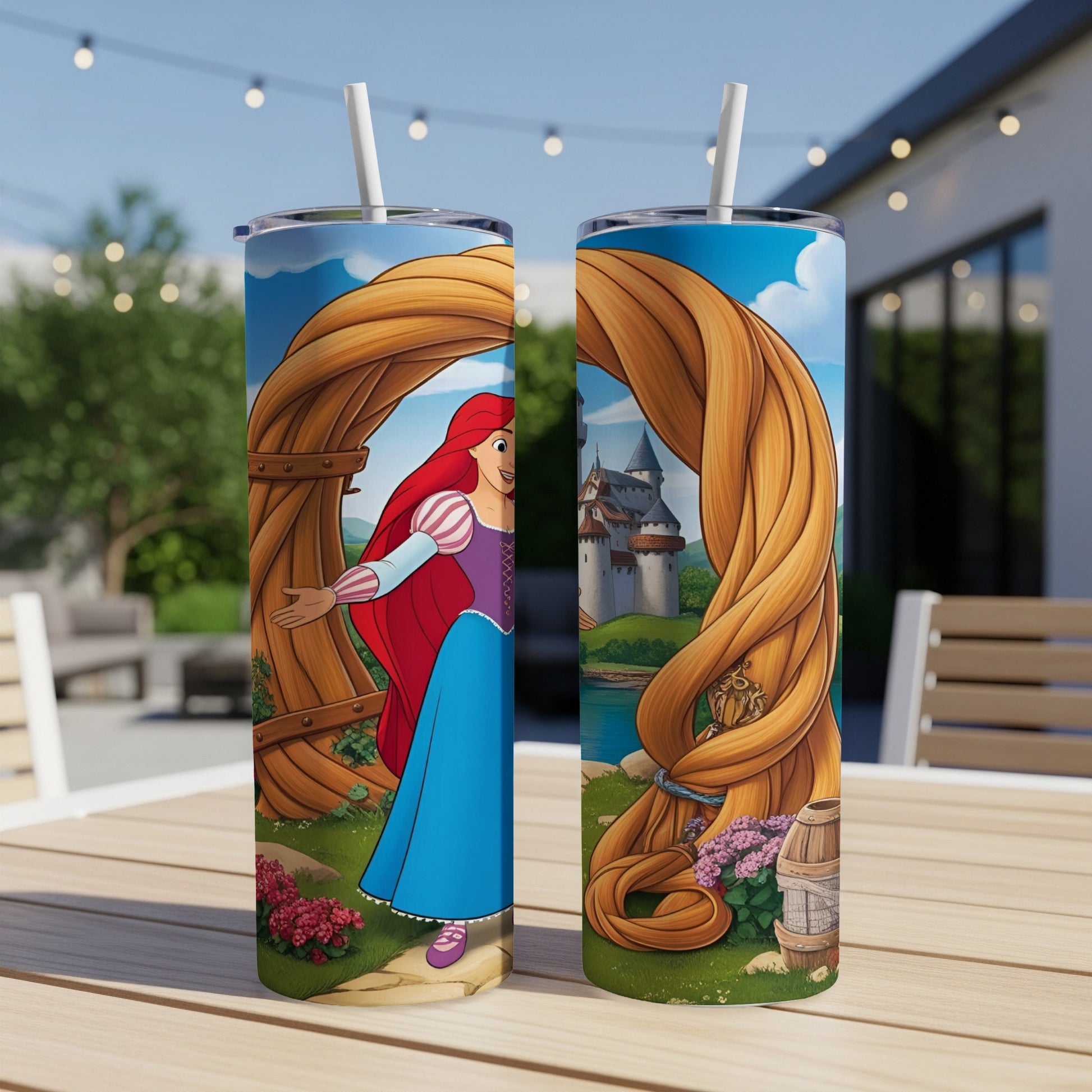 Ariel from The Little Mermaid with her iconic hair, against a castle backdrop.