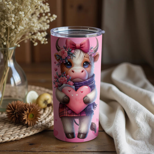 Adorable Cow Holding Heart Pink Tumbler Cup