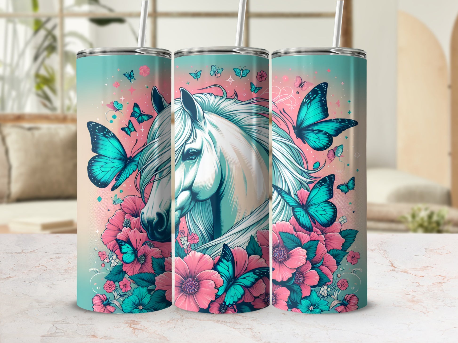 White horse with teal and pink butterflies and flowers on a tumbler.