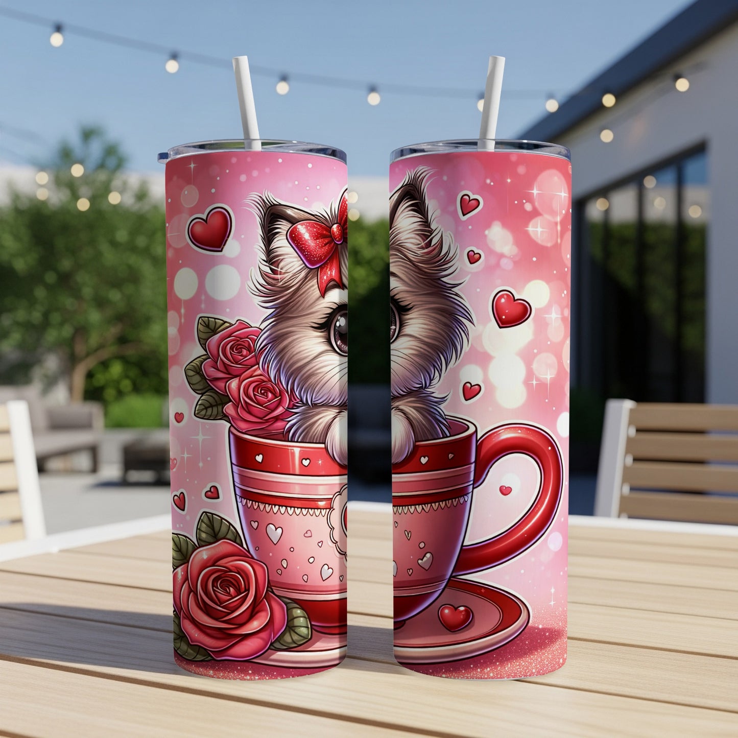 Pink tumbler with fluffy puppy, red roses, and hearts.