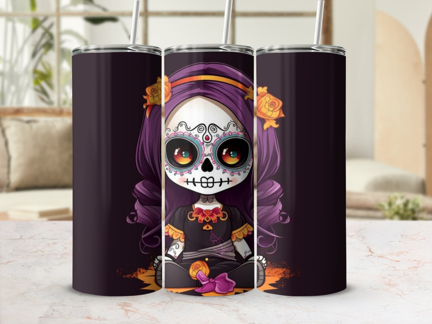 Cute Sugar Skull Character Design Tumbler Flask