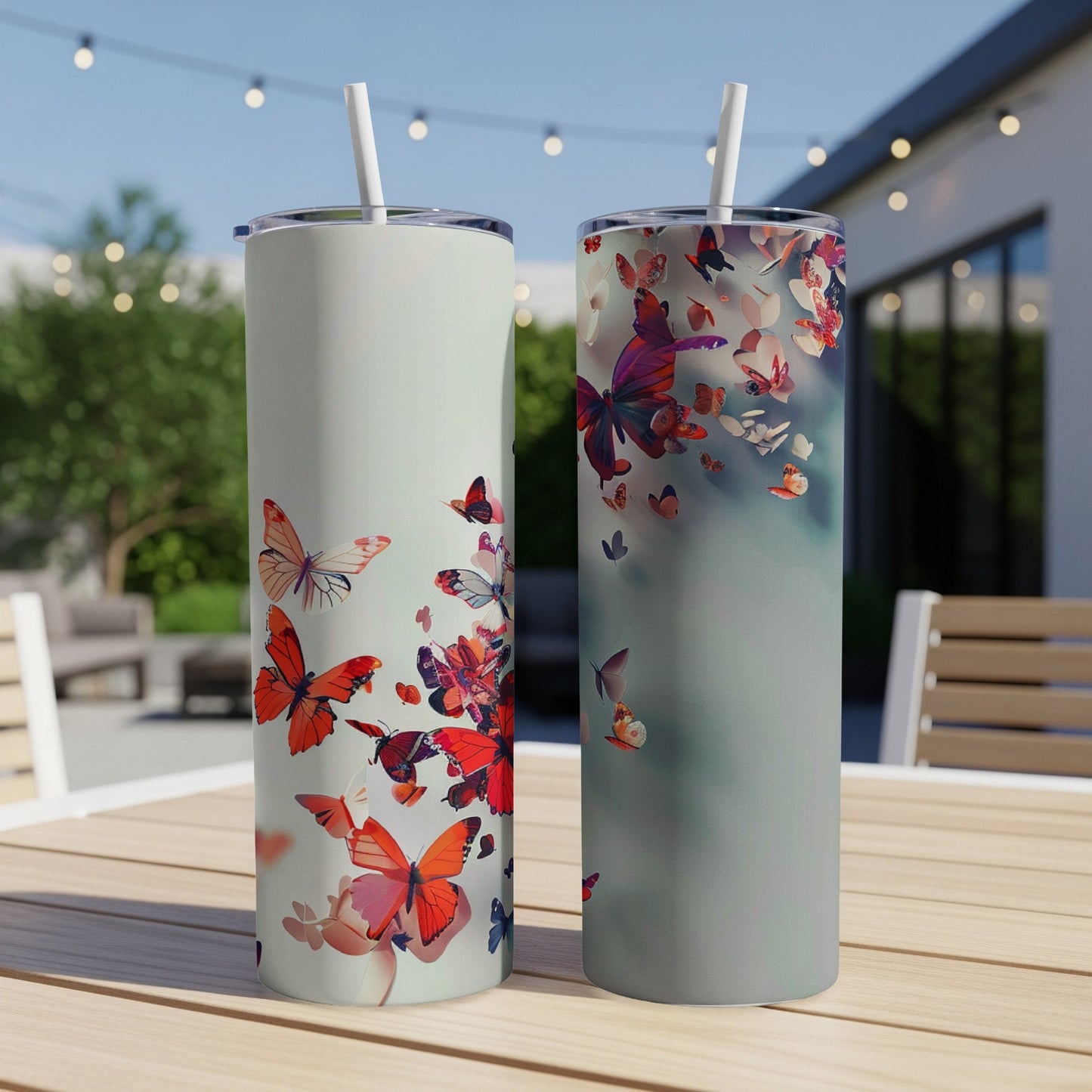 Two tall tumblers with butterfly designs sit on a table.