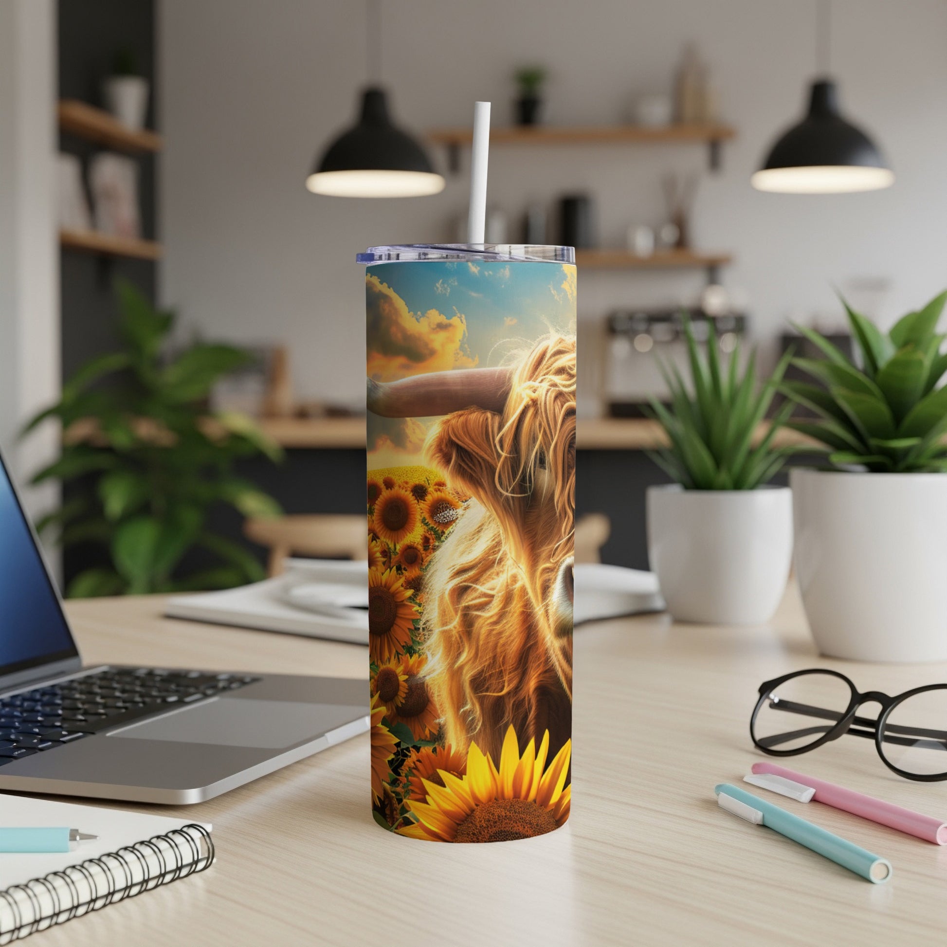 Highland cow and sunflowers design on a tumbler.