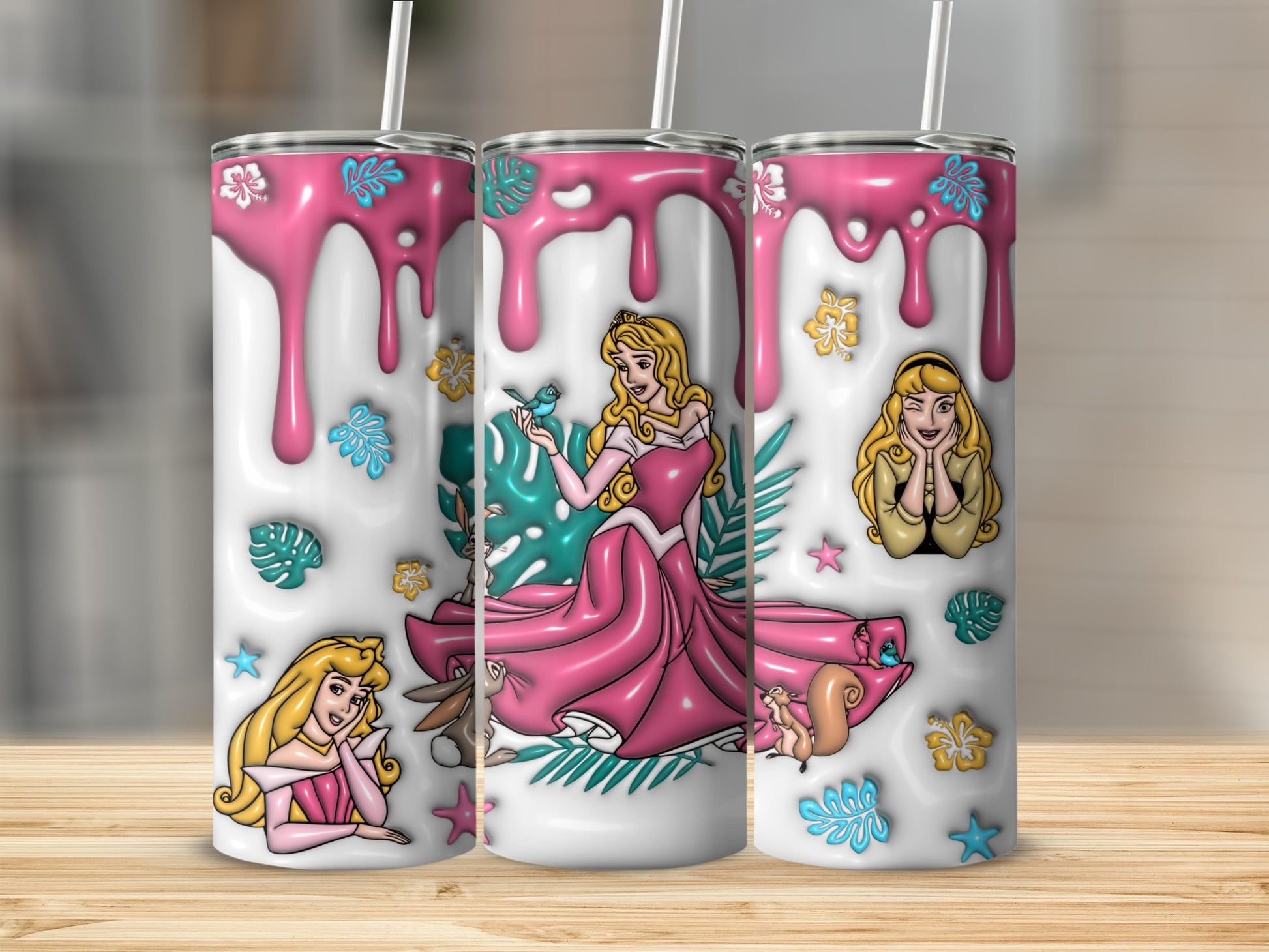 Princess Aurora in a pink dress with forest animals and flowers.
