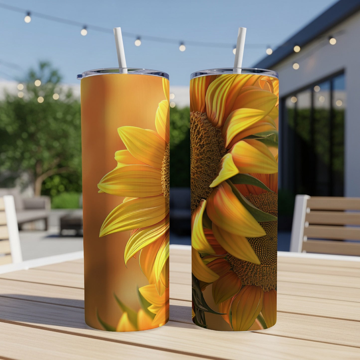 Two tumblers with a close-up sunflower design on a patio table.
