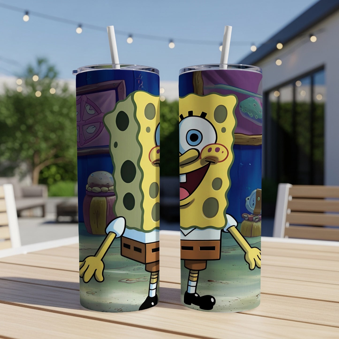 SpongeBob SquarePants smiling cartoon character on a double-sided tumbler.