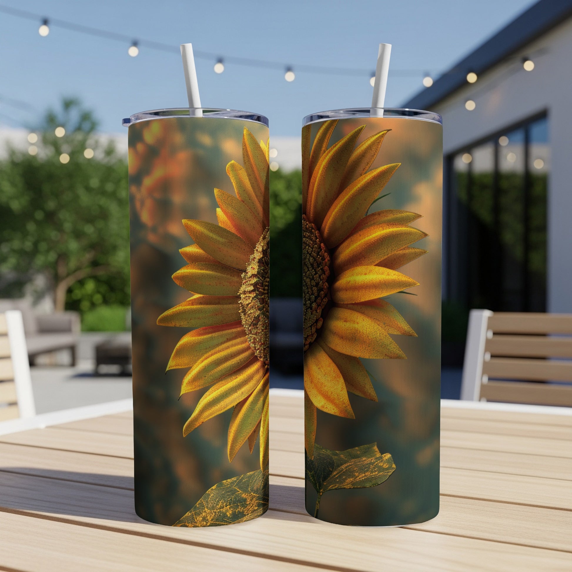 Two tumblers featuring a close-up illustration of a sunflower.
