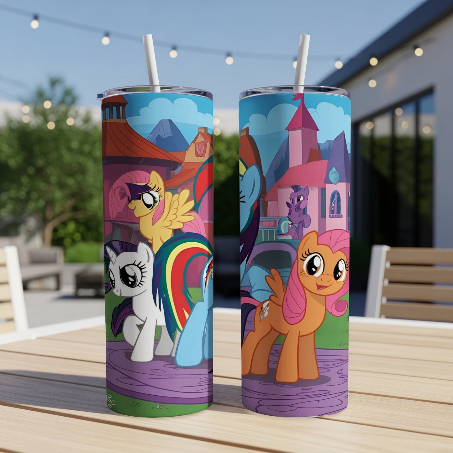 My Little Pony characters Rainbow Dash, Applejack, and Scootaloo on a colorful tumbler.