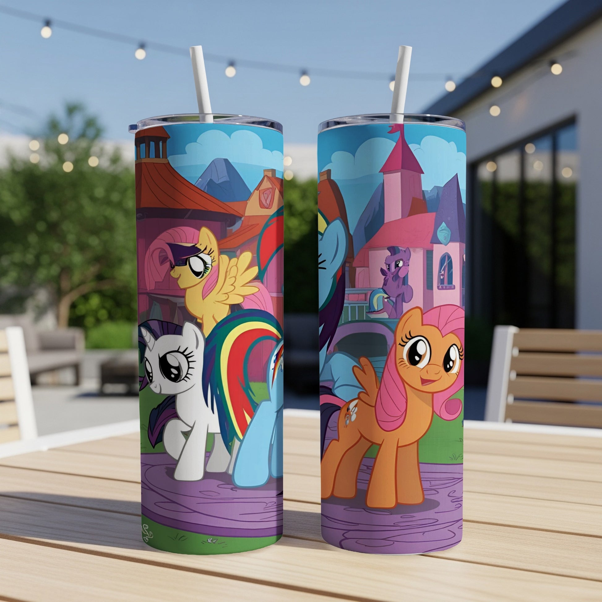 My Little Pony characters Rainbow Dash, Applejack, and Scootaloo on a colorful tumbler.