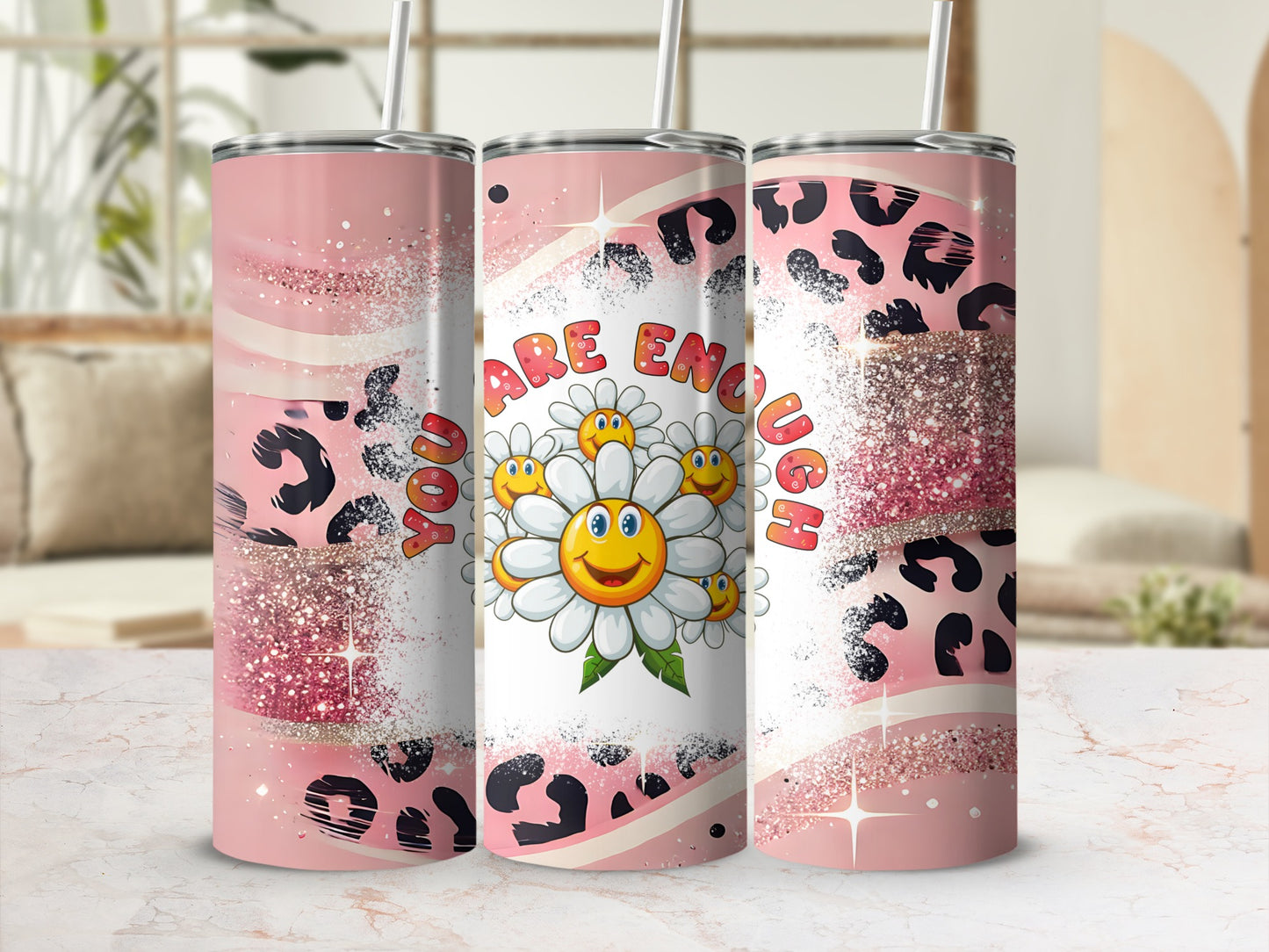 Pink tumbler with leopard print, glitter, and "You are enough" text with smiling daisies.