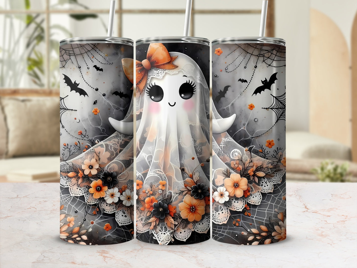 Cute Halloween Ghost with Floral Design Tumbler Product